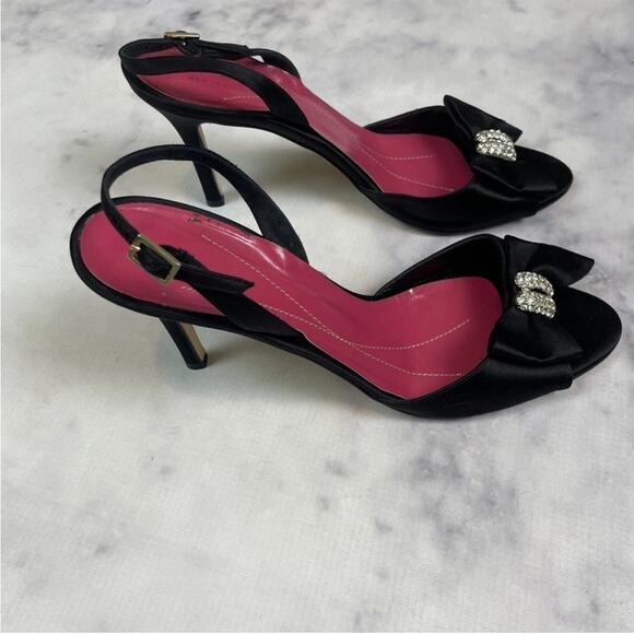 Kate Spade Happily Black Satin Slingback Heels Rhinestone Bow Evening Shoes - Picture 2 of 9